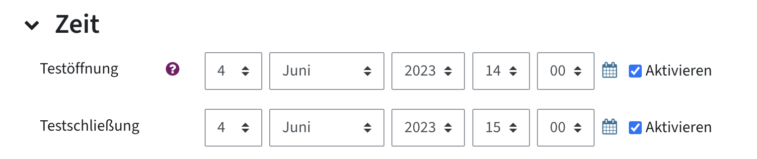 Optionen "Testöffnung" und "Testschließung", bei denen man ein Datum einstellen und durch eine Checkbox aktivieren kann