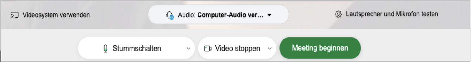 Screenshot des Webex Menüs vor einer Konferenz mit dem Button Meeting beginnen
