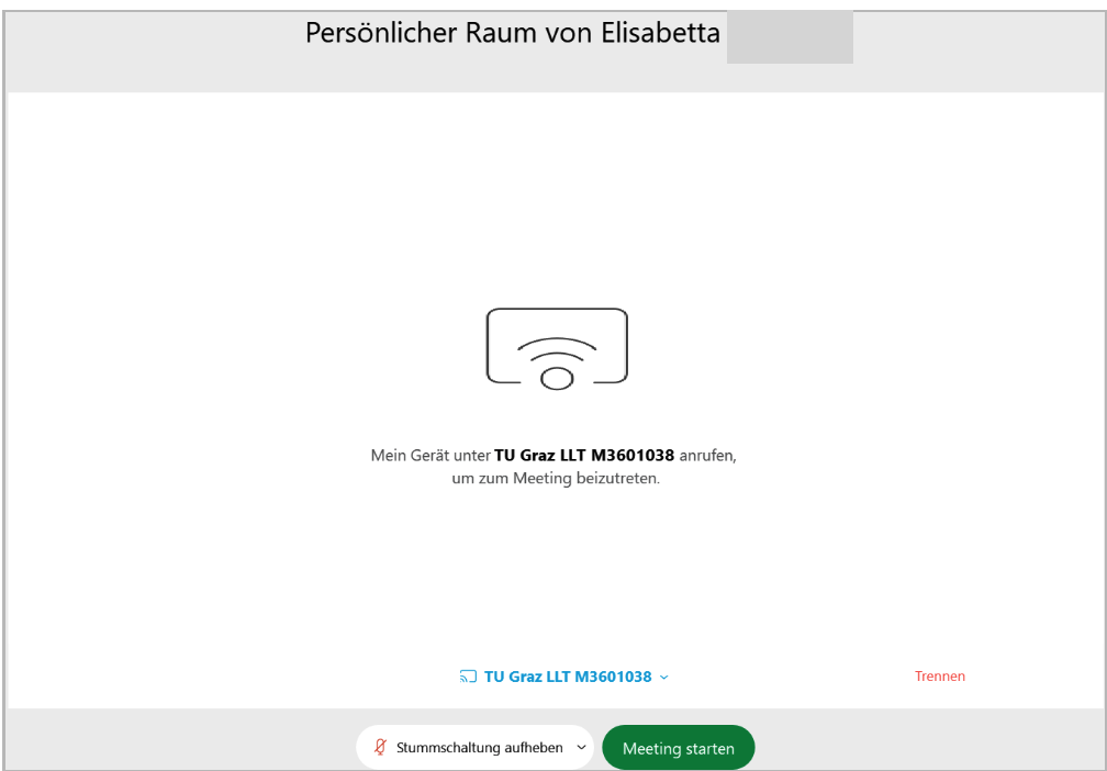 Vorschau-Bildschirm, bevor man dem Meeting beitritt. Die Anlage ist als Gerät ausgewählt, sie wurde automatisch erkannt.
