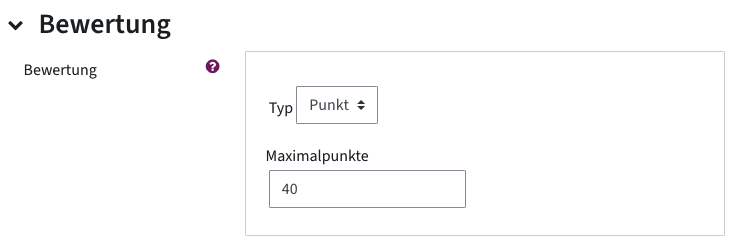 Bewertungseinstellungen und Maximalpunkte festlegen, Screenshot aus Menü