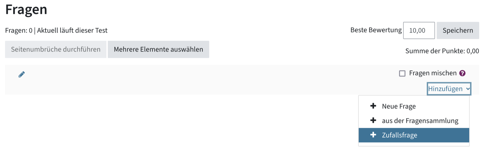 Screenshot der Seite, wo Inhalte eines Quizzes bearbeitet werden können. Hinzufügen - Zufallsfrage ist rechts unten ausgewählt.