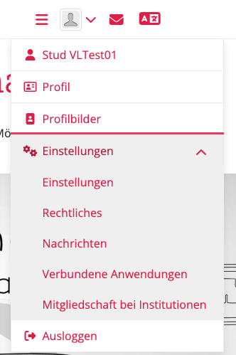 Menü, das sich beim Klick auf das eigene Profilbild öffnet mit Einstellungen zum Profil und Benachrichtigungen
