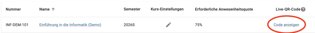 In der Übersicht der Kurse gibt es eine Spalte LIve-QR-Code. Dort kann man den Code anzeigen.
