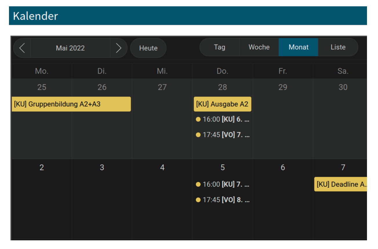 Als eingebetteter Kalender auf der Kursseite.