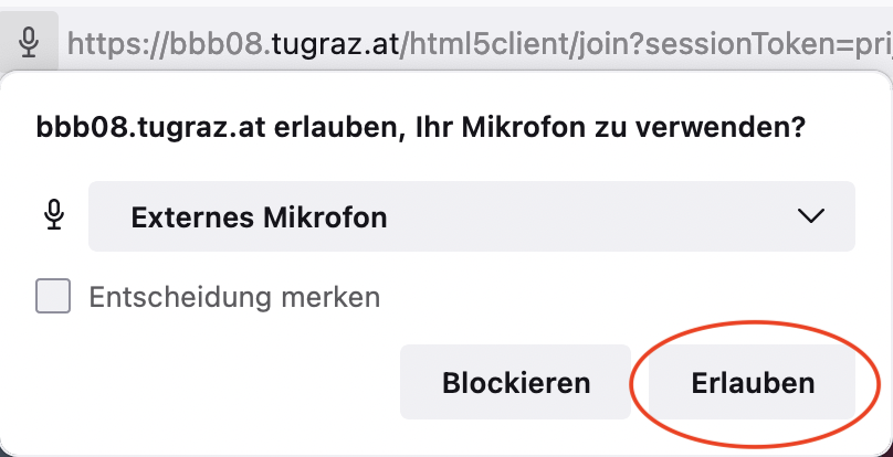 Pop-up-Fenster, in dem man zulassen oder blockieren kann, dass BBB auf das Mikrofon zugreift