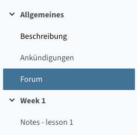Ein Kurs-Index mit dem Abschnitt Allgemeines, darunter die Punkte Beschreibung, Ankündigungen und Forum