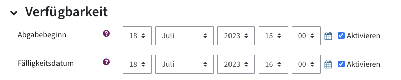 Verfügbarkeitseinstellungen einer Abgabe, bei der man ein Datum für Abgabebeginn und Fälligkeitsdatum auswählen kann, daneben eine Checkbox zum Aktivieren