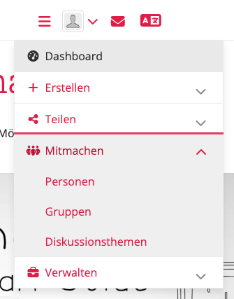 Mitmachen-Menü, wo sich auch die Gruppen befinden