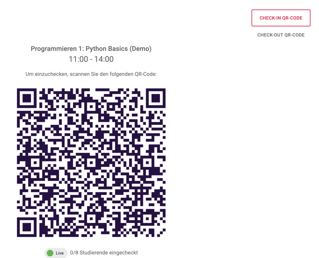 Über dem QR-Code steht der Titel der LV. Darunter steht, wie viele Personen eingecheckt sind. Rechts oben wird zwischen Check in und Check out gewechselt.