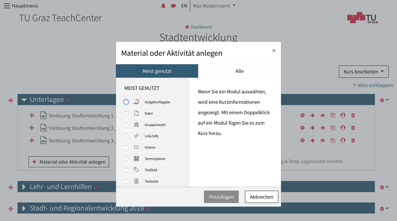Screenshot der Option "Material oder Aktivität anlegen"