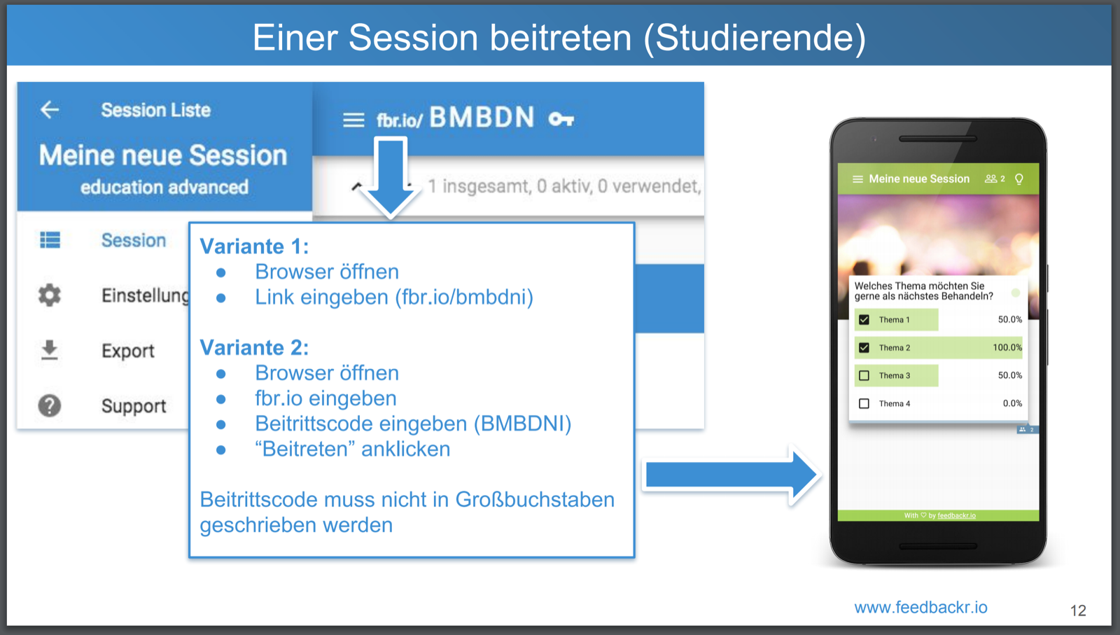 Screenshot der Ansicht für Studierende und der Zugriffsmöglichkeiten