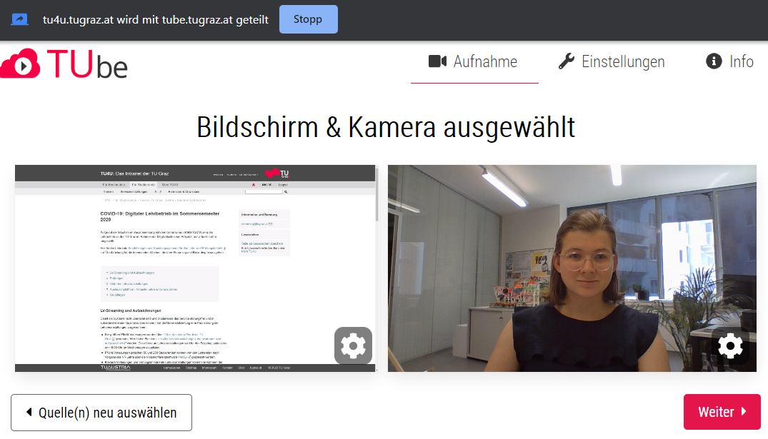 Bildschirm und Kamera ausgewählt