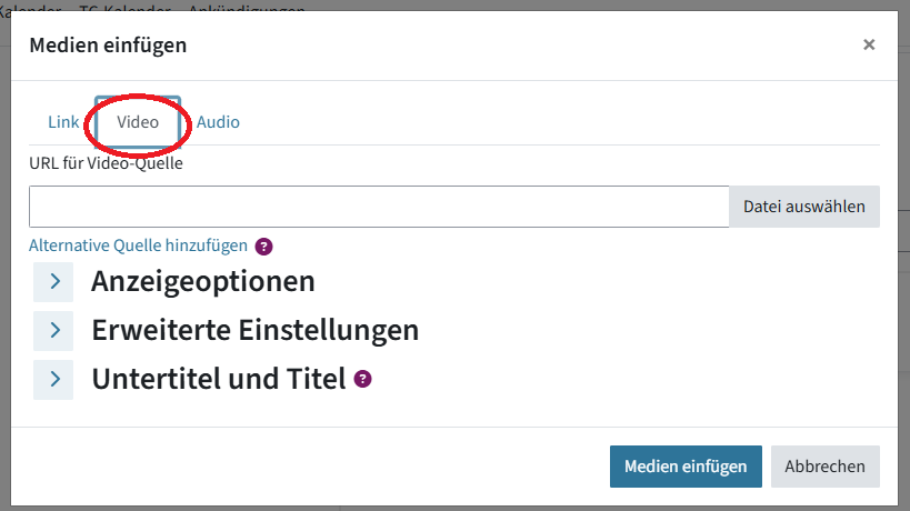 Das Fenster "Medien einfügen" wird gezeigt. Der Reiter "Video" ist eingekreist.