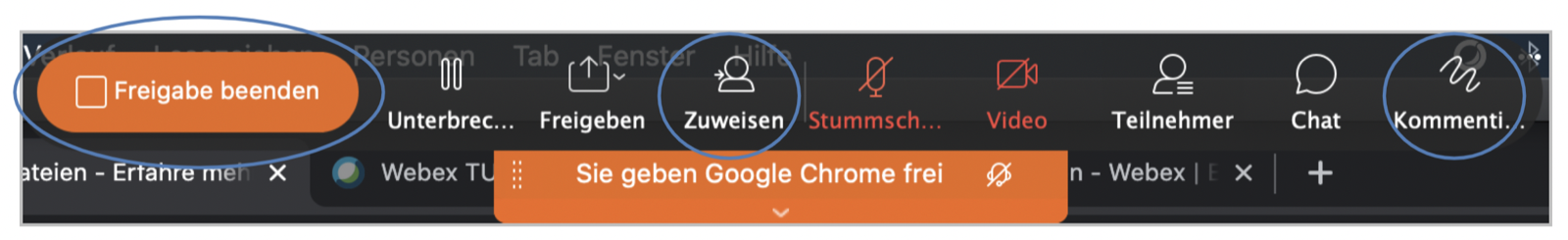 Menüleiste während der Freigabe. Die Buttons Freigabe beenden, Zuweisen und Kommentieren sind markiert.