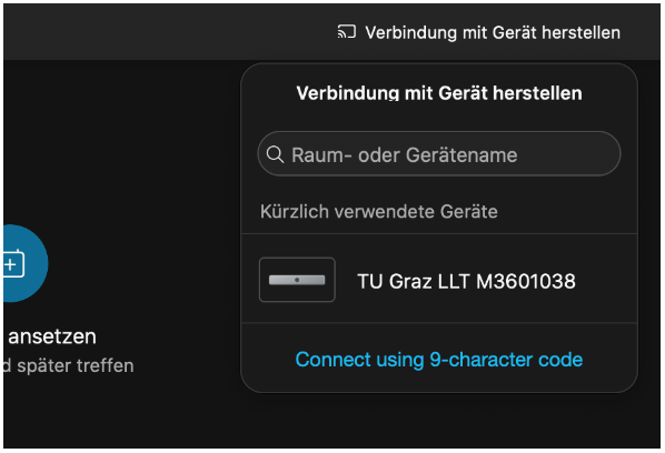 Verbindung mit einem Gerät über Webex Teams herstellen. In einer Liste werden alle erkannten Geräte dargestellt, man kann auch nach einem Gerät suchen.