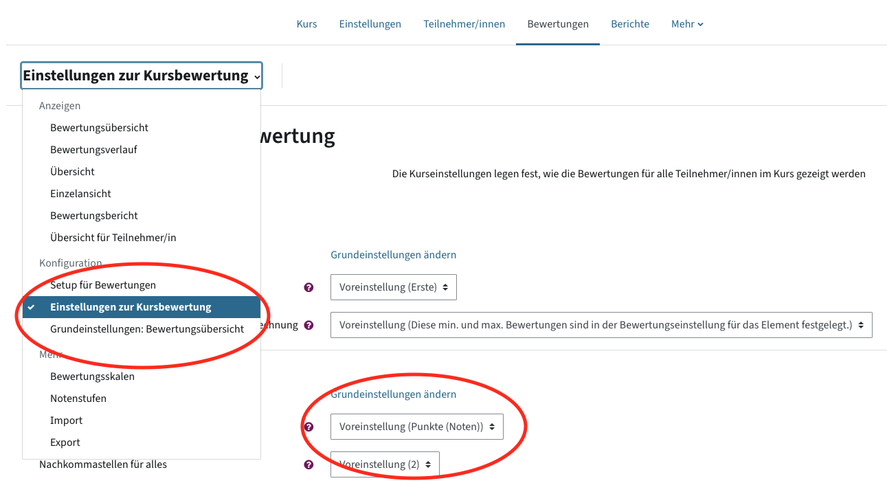 Menü Bewertungen - Einstellungen zur Kursbewertung - Grundeinstellungen ändern ist ausgewählt