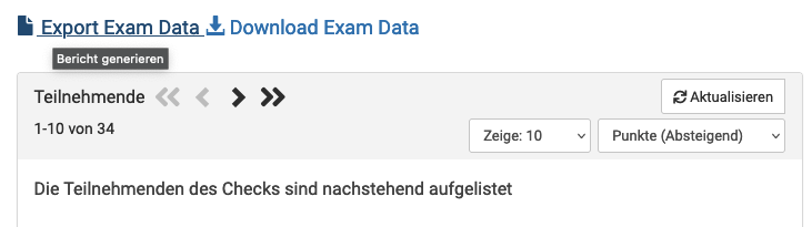 Ansicht in den Einstellungen eines Checks mit den Buttons Export Exam Data und Download Exam Data und darunter die Teilnehmerliste