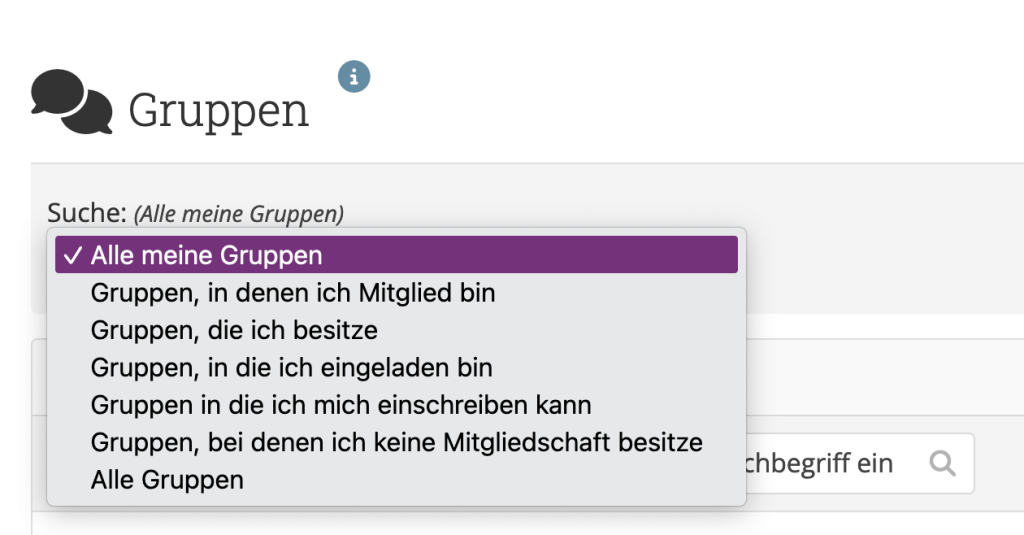 Dropdown-Menü bei Gruppen zum Finden von Gruppen, in die man sich einschreiben kann