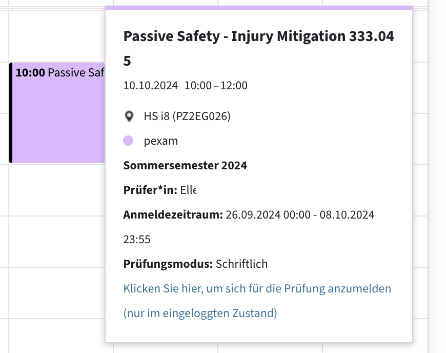 Details zu einem potentiellen Prüfungstermin, Abhaltungsort, Prüfer und Link zu TUGRAZonline