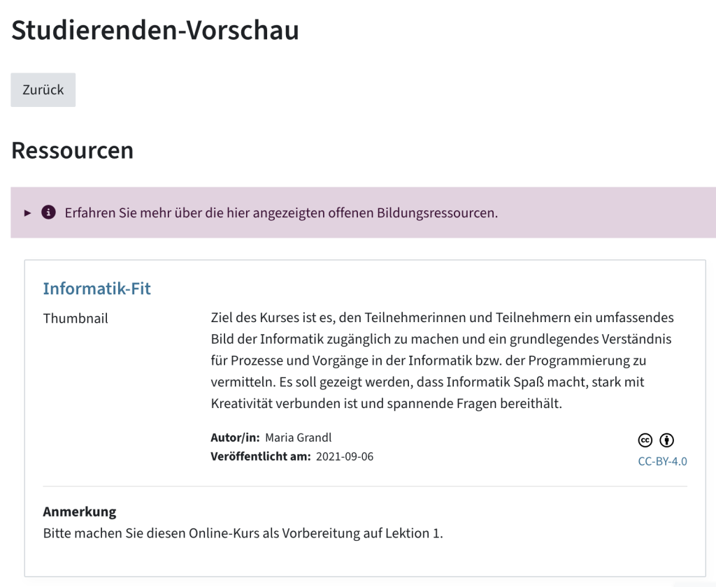 Ansicht einer Ressource mit Anmerkung, wie sie Studierende sehen würden