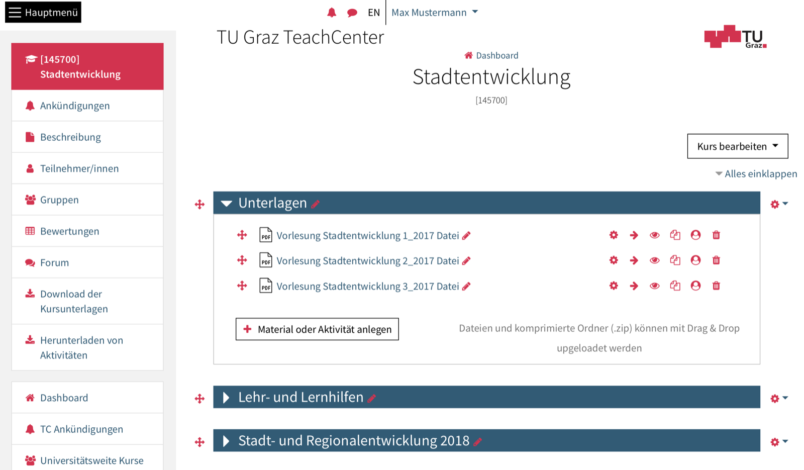 Screenshot einer Kursseite mit dem Hauptmenü links