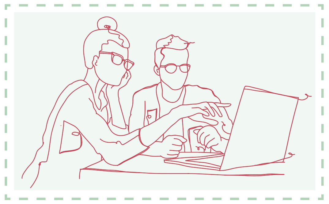 Liniengrafik von zwei Personen, die gemeinsam am Computer arbeiten