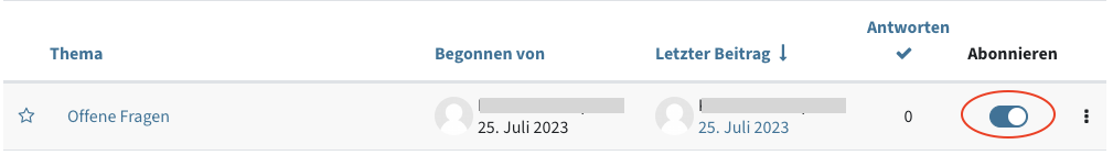 Bild eines Forums-Themas in der Übersicht; Schieberegler bei "Abonnieren" ist aktiviert