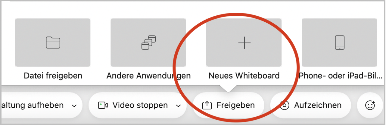 Menüleiste mit Freigabeoption: Freigeben - neues Whiteboard