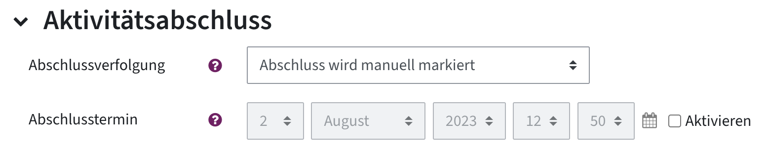 Option "Abschluss wird manuell markiert" ist bei Abschlussverfolgung ausgewählt