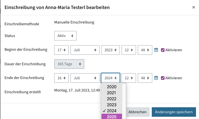 Neues Einschreibeende wird gesetzt, in einem Dropdown wird eine Jahreszahla ausgewählt