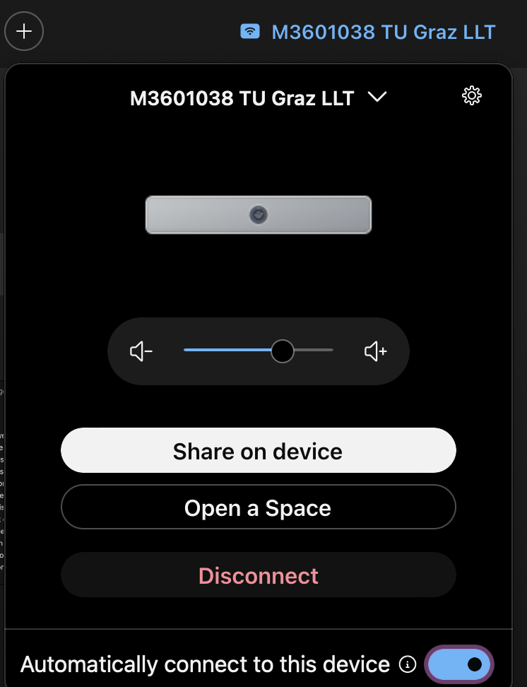a device has been connected, you see the name of the device and the buttons Share on device and Open a Space, or Disconnect
