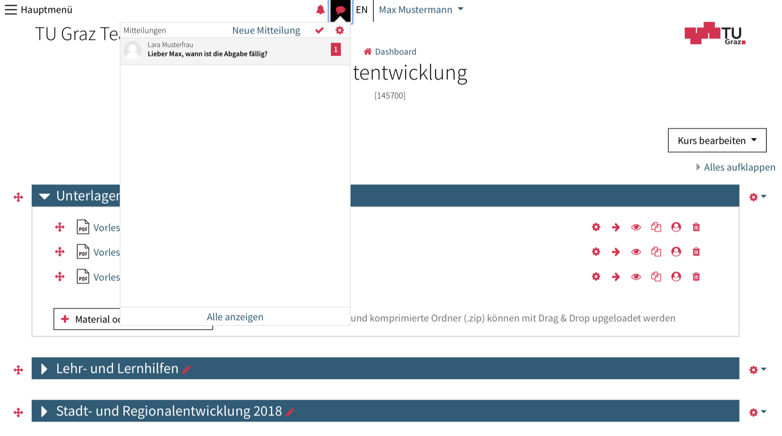 Screenshot einer Mitteilung im TC