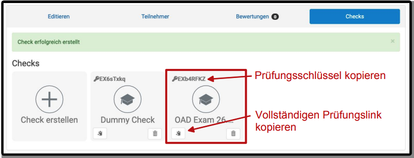 Übersicht über Checks: Prüfungsschlüssel kann von der Check-Kachel kopiert werden