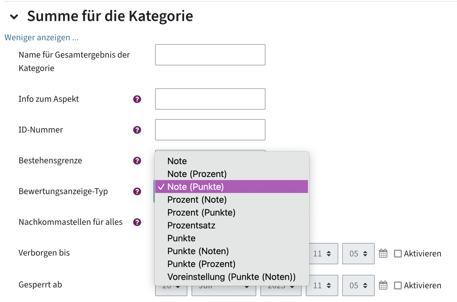 Einstellungen der Bewertungskategorie, Bewertungsanzeige-Typ-Menü ist geöffnet um Noten auszuwählen statt Punkte