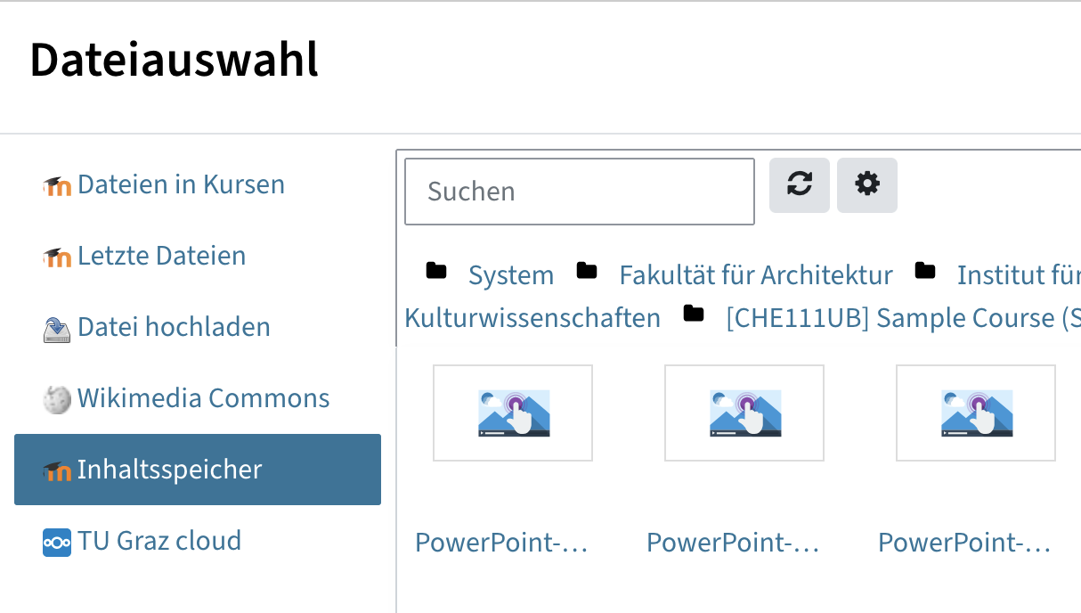 in der Dateiauswahl kann der Inhaltsspeicher gewählt werden