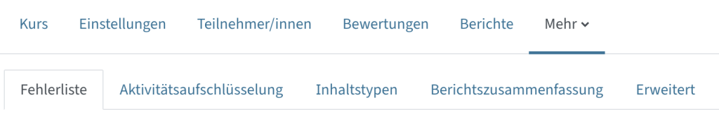 Reiter Fehlerliste, Aktivitätsaufschlüsselung, Inhaltstypen, Berichtzusammenfassung und Erweitert