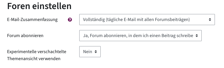 Foren einstellen-Menü: E-Mail-Zusammenfassung ist auf vollständig eingestellt