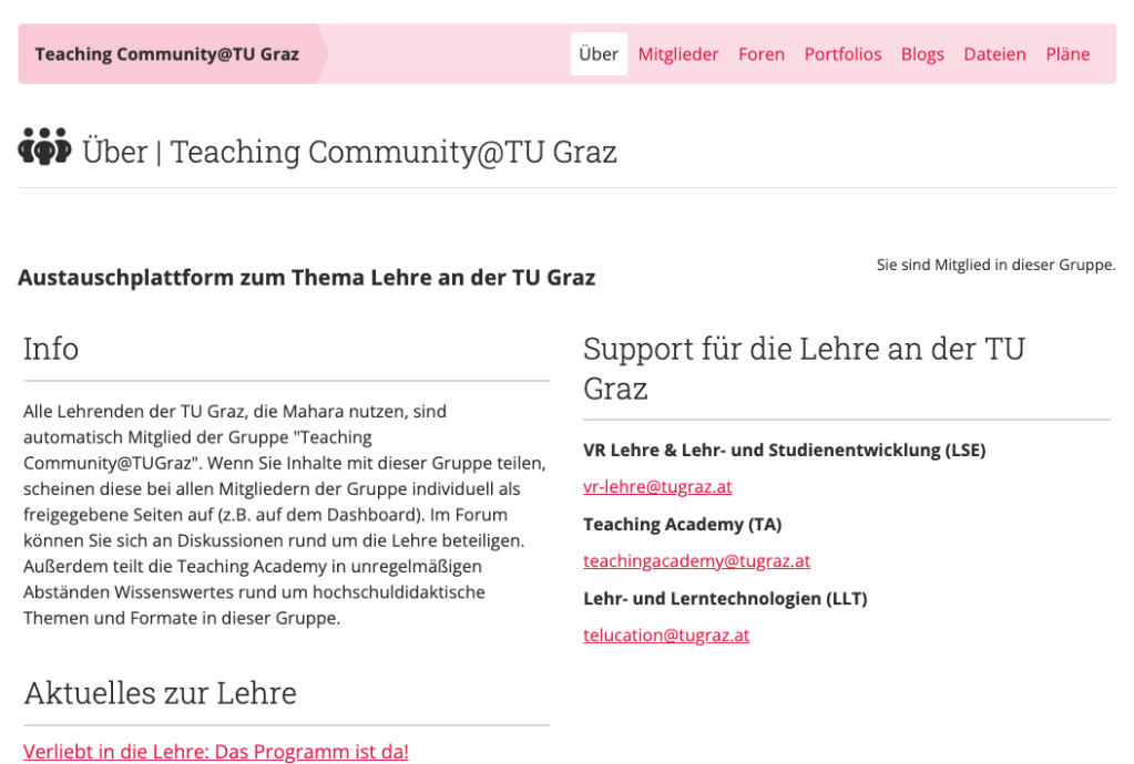 eine Gruppenseite in Mahara, mit oben dem Menü, um zum Forum oder Gruppenportfolios zu kommen