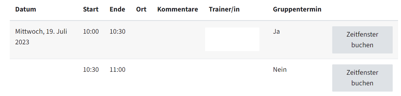 Man sieht in der Ansicht von Studierenden zwei Zeitfenster, die buchbar sind. Ein Zeitfesnter ist ein Gruppentermin, das zweite nicht.