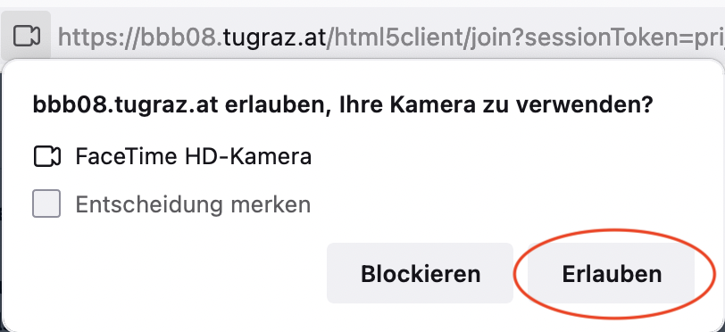 Pop-up-Fenster, in dem man eine Kamera auswählen und zulassen oder blockieren kann, dass BBB auf die Kamera zugreift