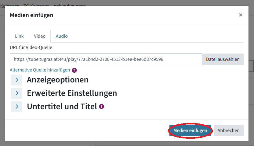 Das ist ein Pop-up-Fenster. Der Reiter "Video" ist ausgewählt und darunter befindet sich die URL zum gewählten Video. Der Button "Medien einfügen" ist eingekreist.