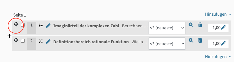 Übersicht der Fragen, das Pfeil-Symbol ist markiert