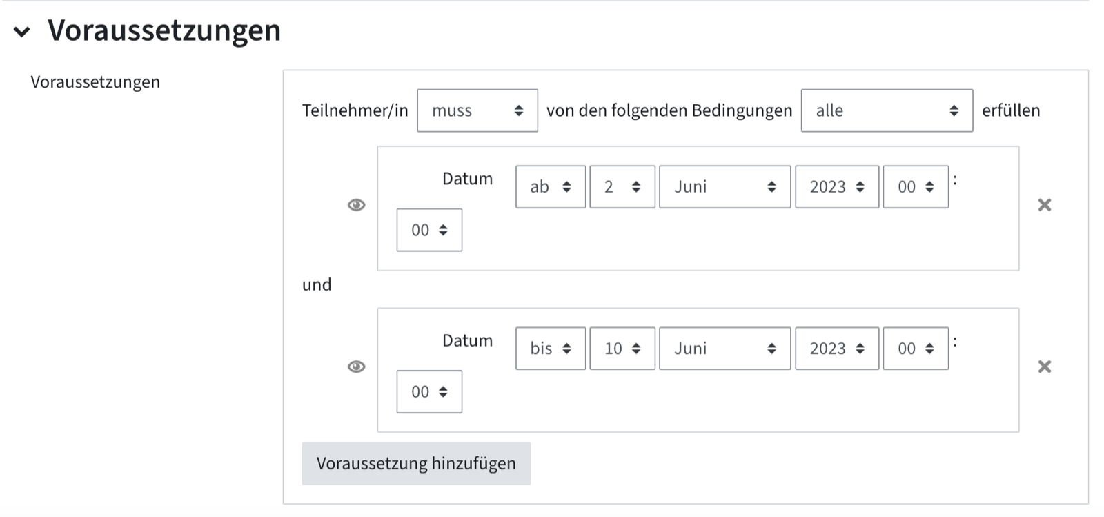 Voraussetzung, bei der ein Datum "ab" und ein Datum "bis" eingestellt sind