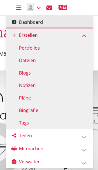 Erstellen-Menü zum Anlegen von Portfolios oder Dateien, Blogs und Plänen
