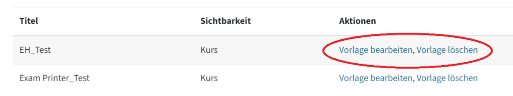 Hier sehen sie die Tabelle unter dem Abschnitt Deckblatt, Unterüberschrift Vorlage erstellen. Die Aktionen Vorlage bearbeiten und Vorlage löschen" sind markiert.