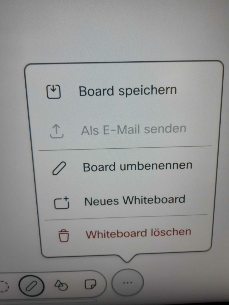 Menü über die drei Punkte bei einem Whiteboard: Speichern, umbenennen, neues Whiteboard oder löschen