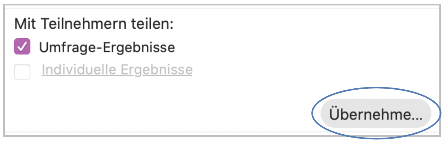 Screenshot Umfrageergebnisse teilen. Man kann zwischen Ergebnisse und indivudelle Ergebnisse auswählen.