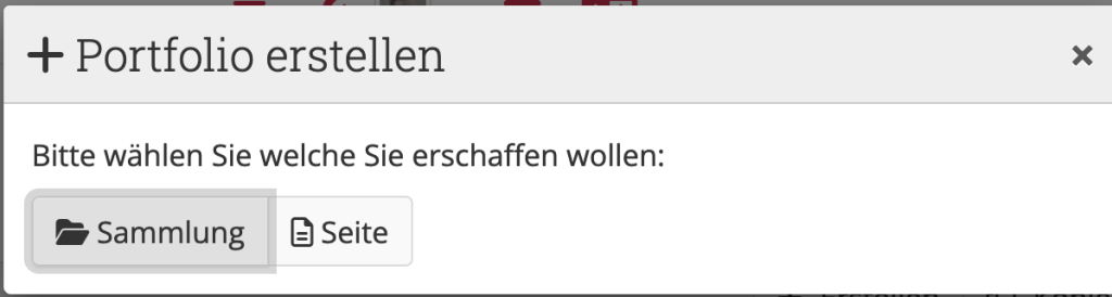 Portfolio erstellen-Menü mit Auswahl, ob man eine Seite oder Sammlung erstellen möchte