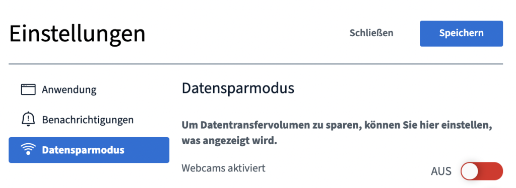 Screenshot der Einstellungen zum Datensparmodus