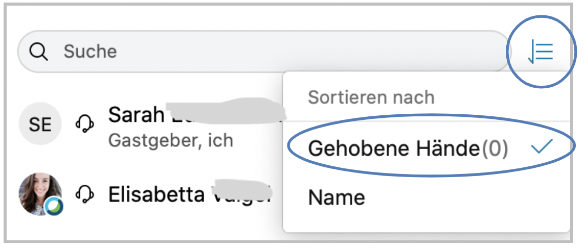 Screenshot Teilnehmende nach gehobenen Händen sortieren, möglich über einen Sortieren-Button bei der Teilnehmerliste